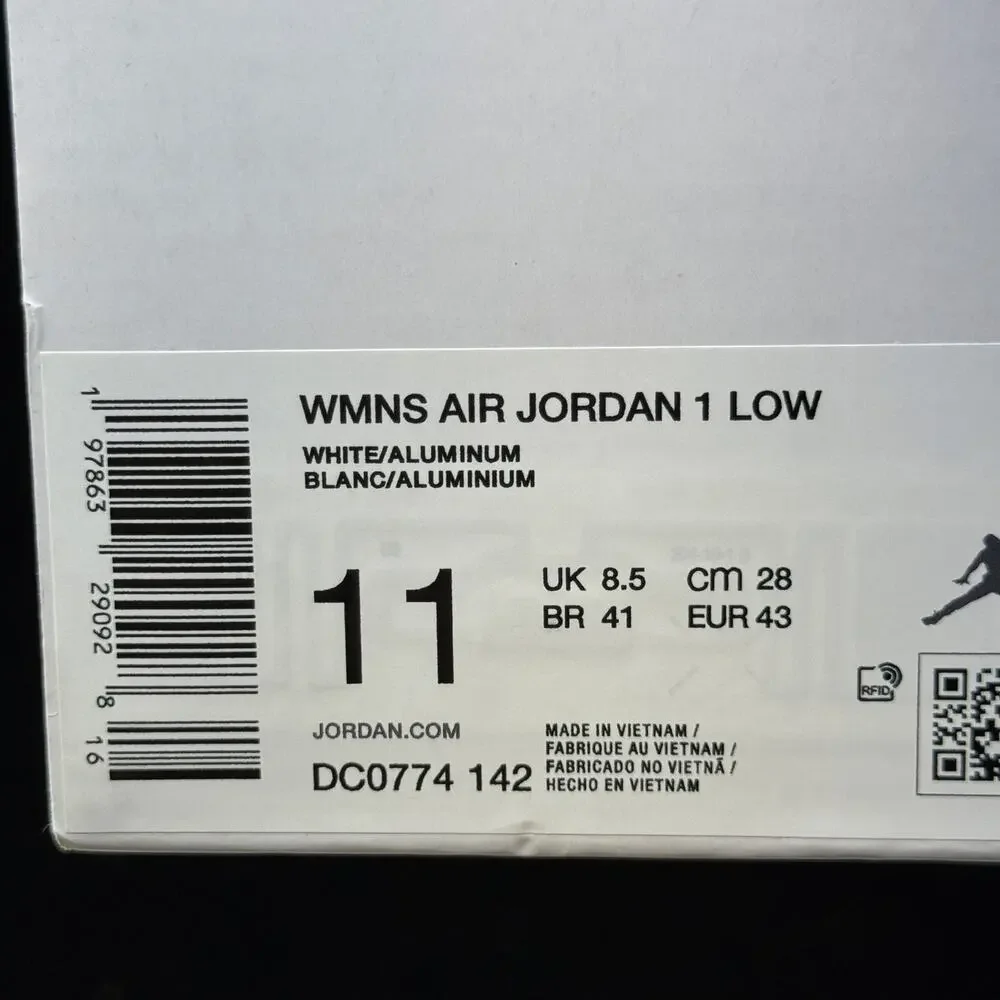 Nike Air Jordan 1 Low White Aluminum DC0774-142 Women's Size 11/ 9.5 M NEW